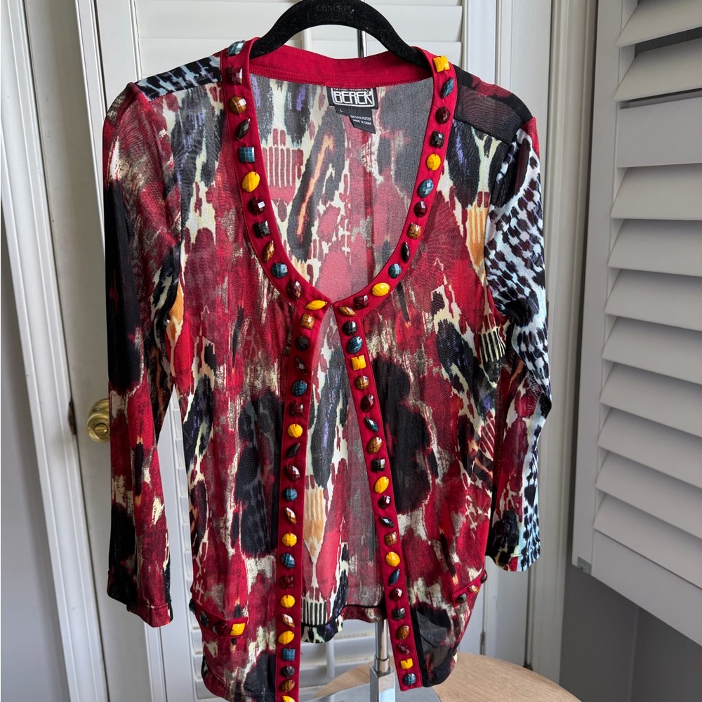 berek Red Multi-Pattern Beaded Trim Cardigan